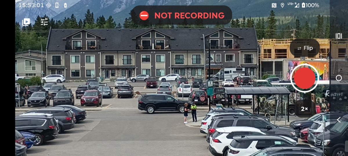 Race Recorder preview screen showing a live camera view with the NOT RECORDING badge and the record button