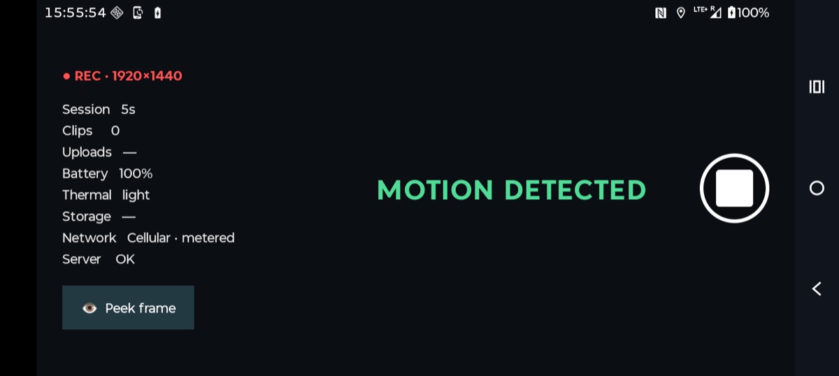 Race Recorder monitoring screen showing REC status, live stats, and a MOTION DETECTED indicator