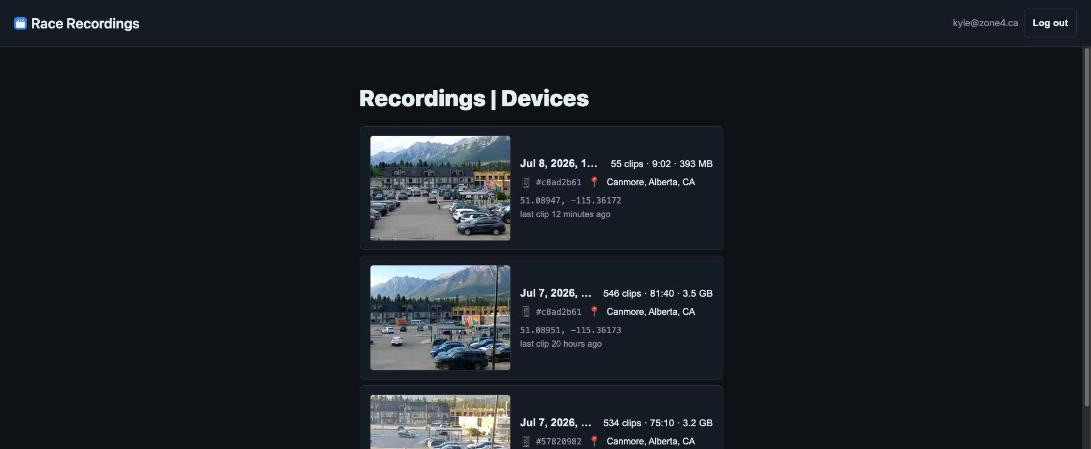 Recordings web app list view: cards for each recording session with thumbnail, date, clip count, size, device, and location